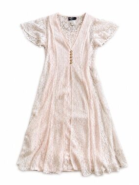Vintage 80s Pink Lace Prairie Dress Cottagecore Romantic Petite 8P Made in USA